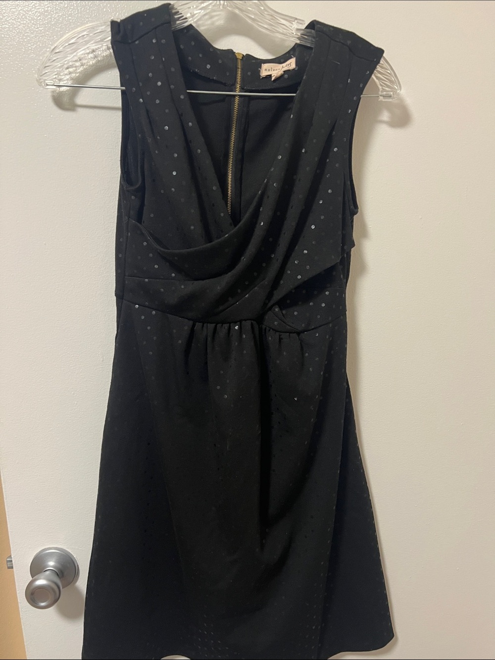Maison Jules Black Sleeveless Drape Neck Dress with Subtle Dot Detail